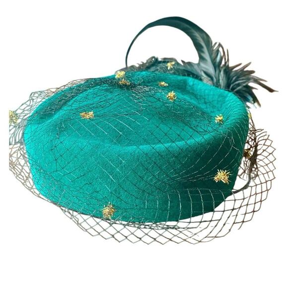 Vintage Michael Howard Green Wool Pillbox Hat with Feathers & Veil - Picture 1 of 4